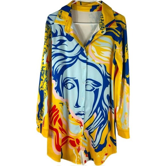 Women's Abstract Art Print Button-Up Long Sleeve Shirt Dress Size M - Picture 2 of 9